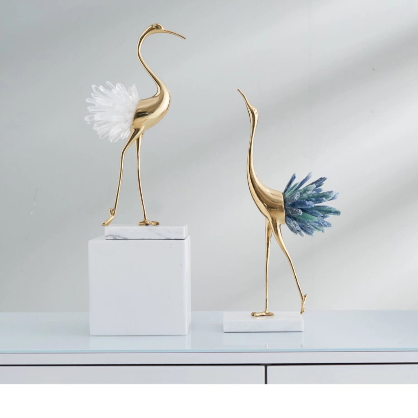 Set of 3 Brass Swan With Quartz & Marble Stones
