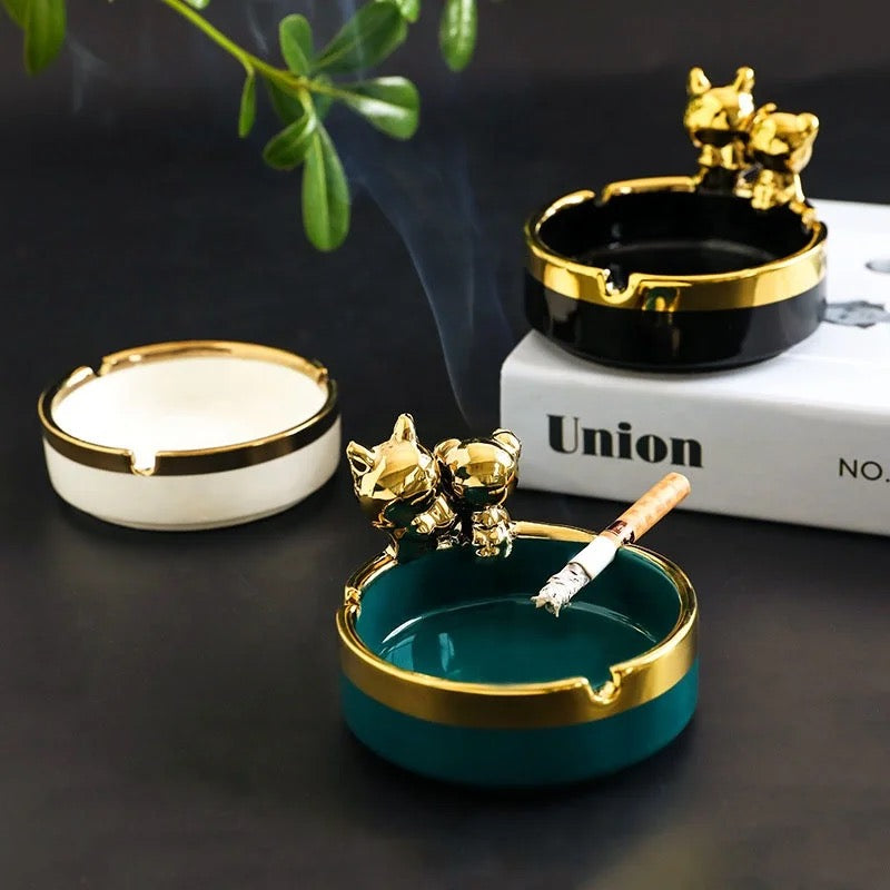 Stylish and Elegant Ceramic Ashtrays with Golden Bears - Pack Of 2