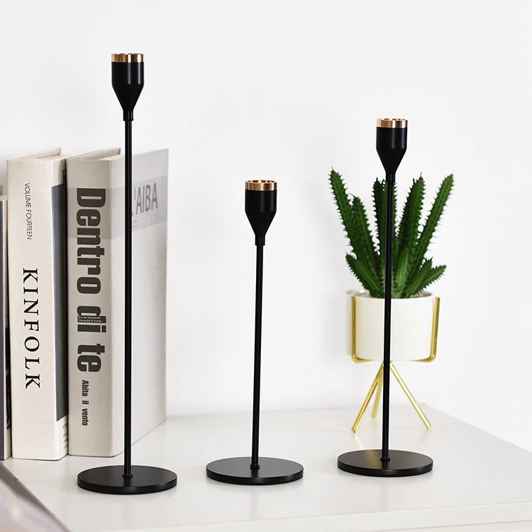 Set of 3 Candle Holders Black & Gold