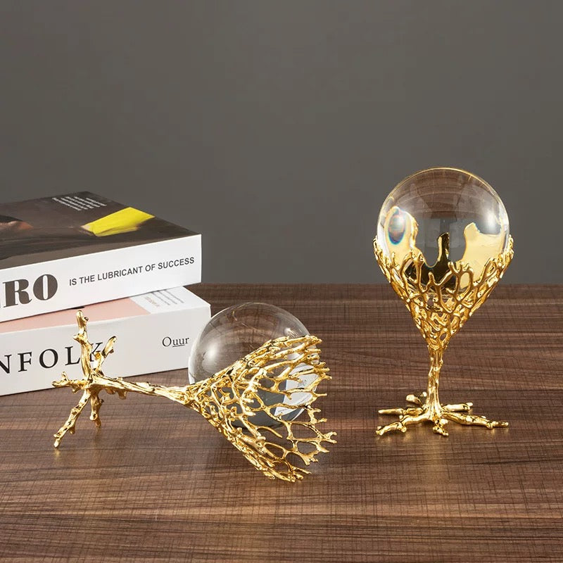 Set of 2 Crystal Ball Ornament Home Decor Gold