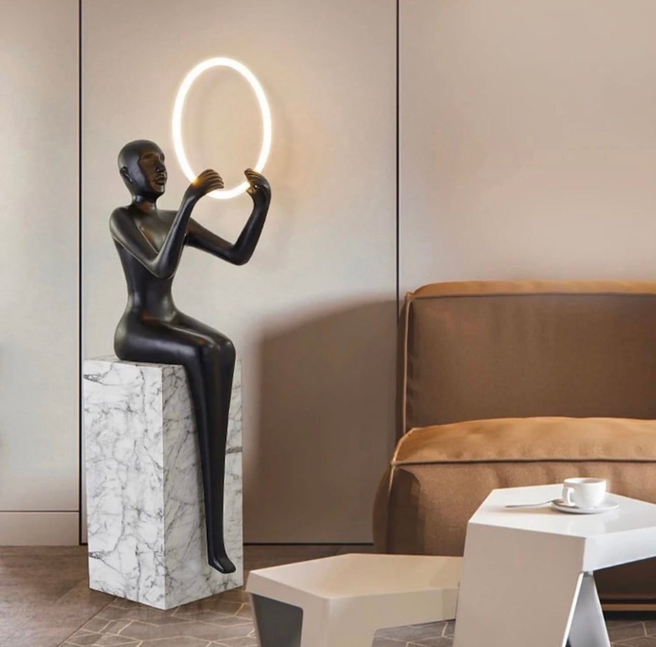 Led Lamp Sculpture Setting On A Metal Podium