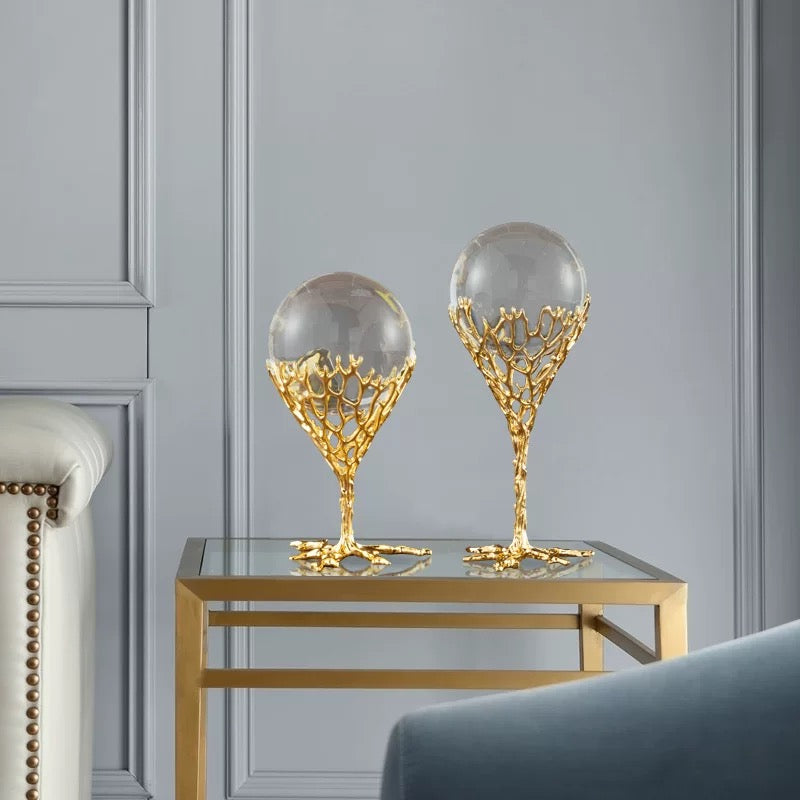 Set of 2 Crystal Ball Ornament Home Decor Gold