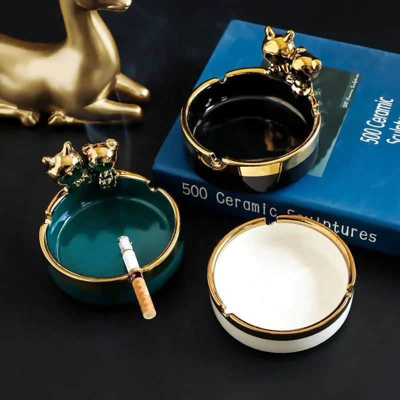 Stylish and Elegant Ceramic Ashtrays with Golden Bears - Pack Of 2