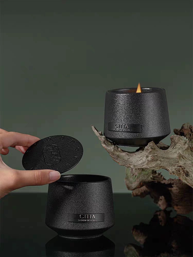 Black Candle With Wood Wicker Stick