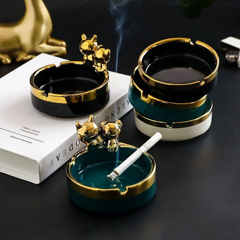 Stylish and Elegant Ceramic Ashtrays with Golden Bears - Pack Of 2