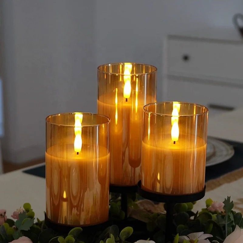 Set Of 3 Waxed Candles With Batteries