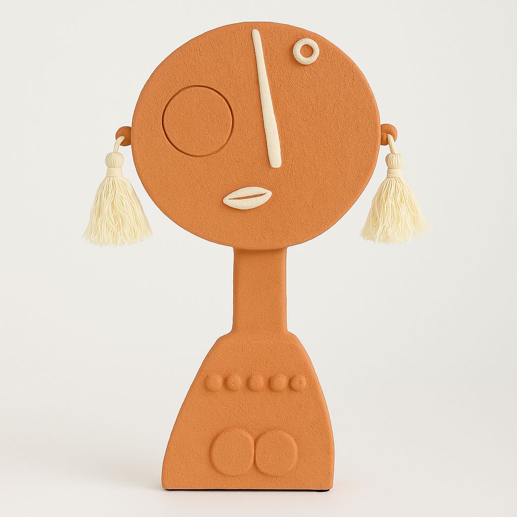 Terracotta Abstract Face Sculpture with Tassel Earrings