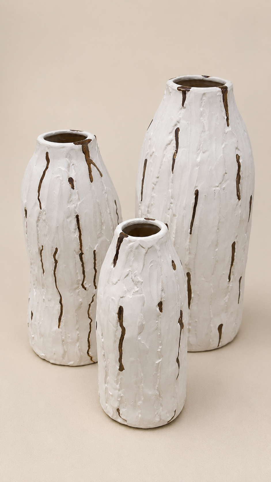 Textured Ceramic Vases – Natural Carved Finish set of 3