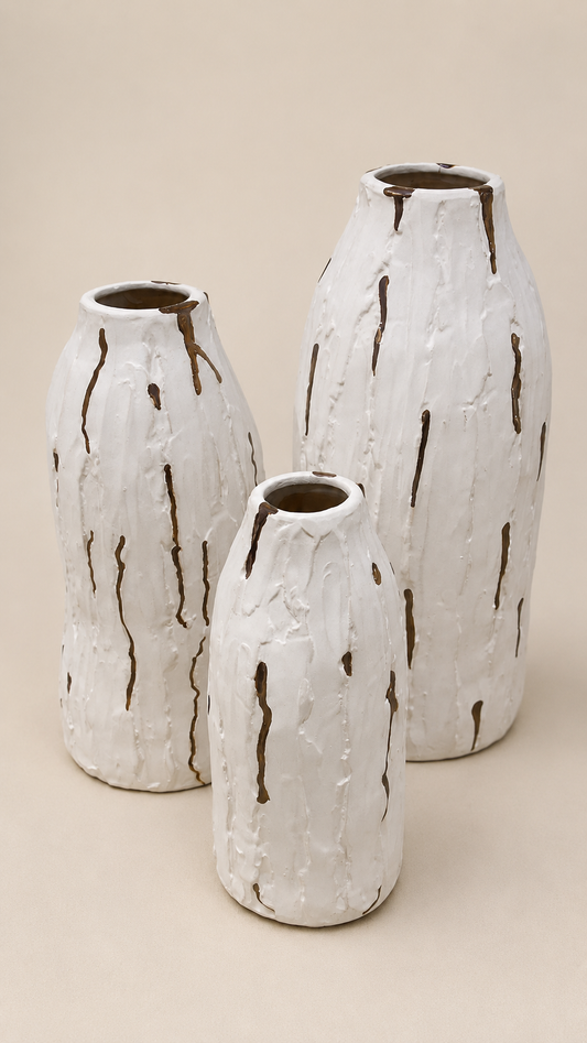 Textured Ceramic Vases – Natural Carved Finish set of 3