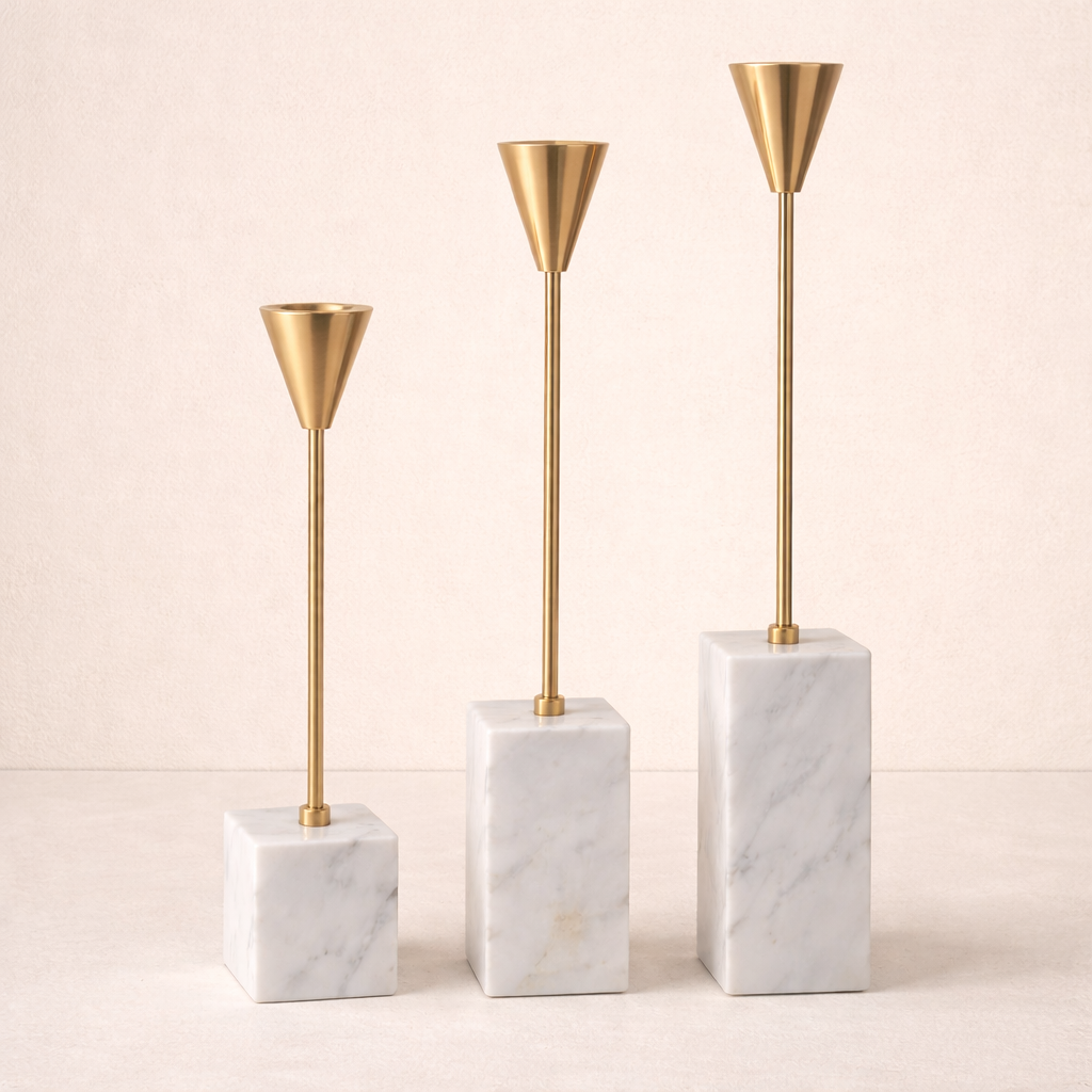 Luxury Candle Holder with Natural Marble Base & Gold Finish set of 3