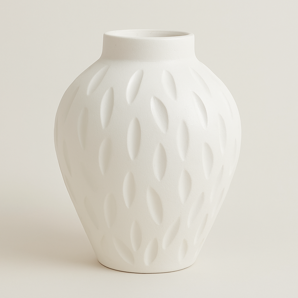 Elegant Textured Pottery Vase – White Decorative Piece