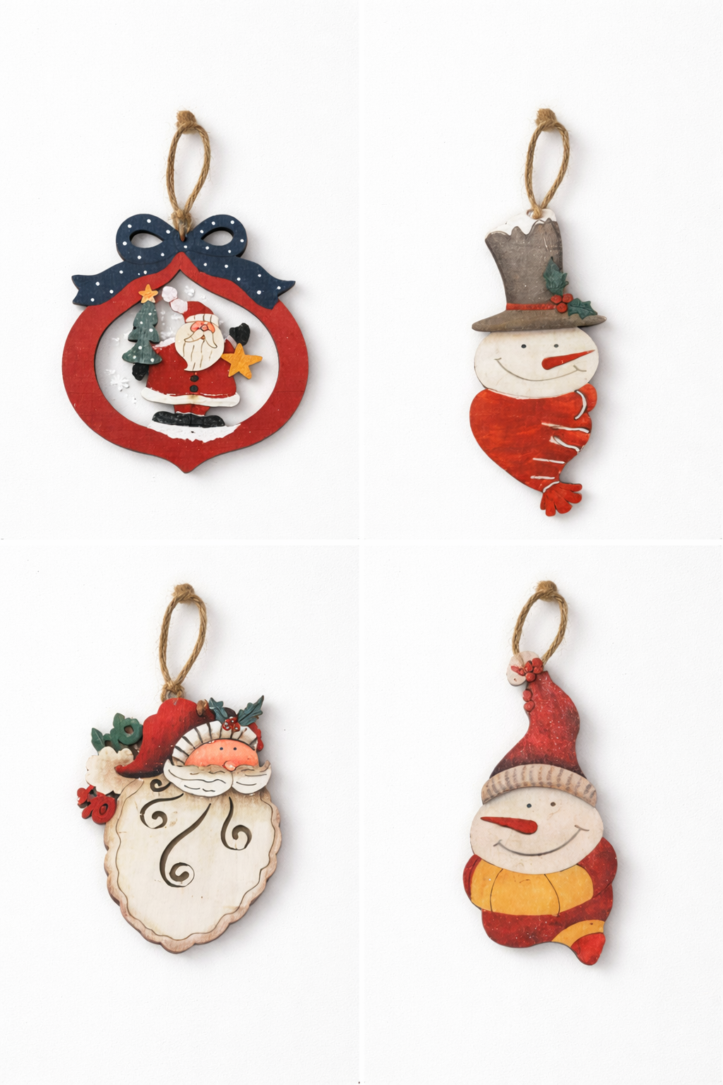 Wooden Christmas Tree Hanging Ornaments β Santa & Snowman Design set of 4