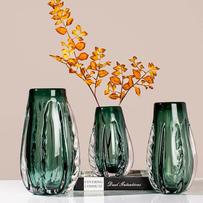 Set of 3 Emerald Glass Vases
