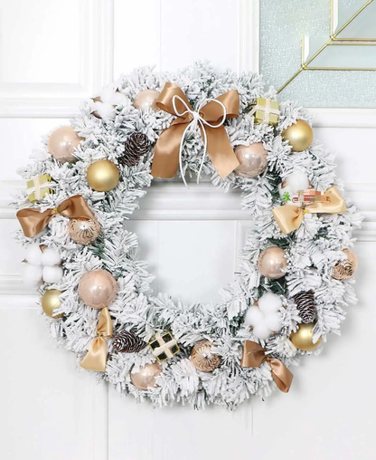 Luxury Frosted Christmas Wreath – Beige & Gold Accents