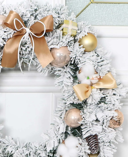 Luxury Frosted Christmas Wreath – Beige & Gold Accents