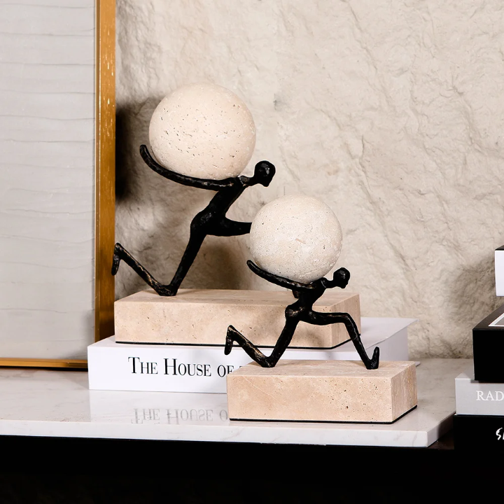Marble Ball Sculpture with Metal Figure