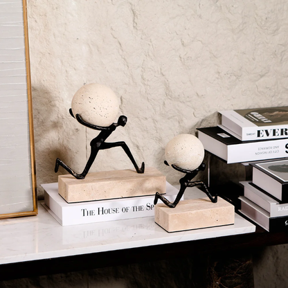 Marble Ball Sculpture with Metal Figure