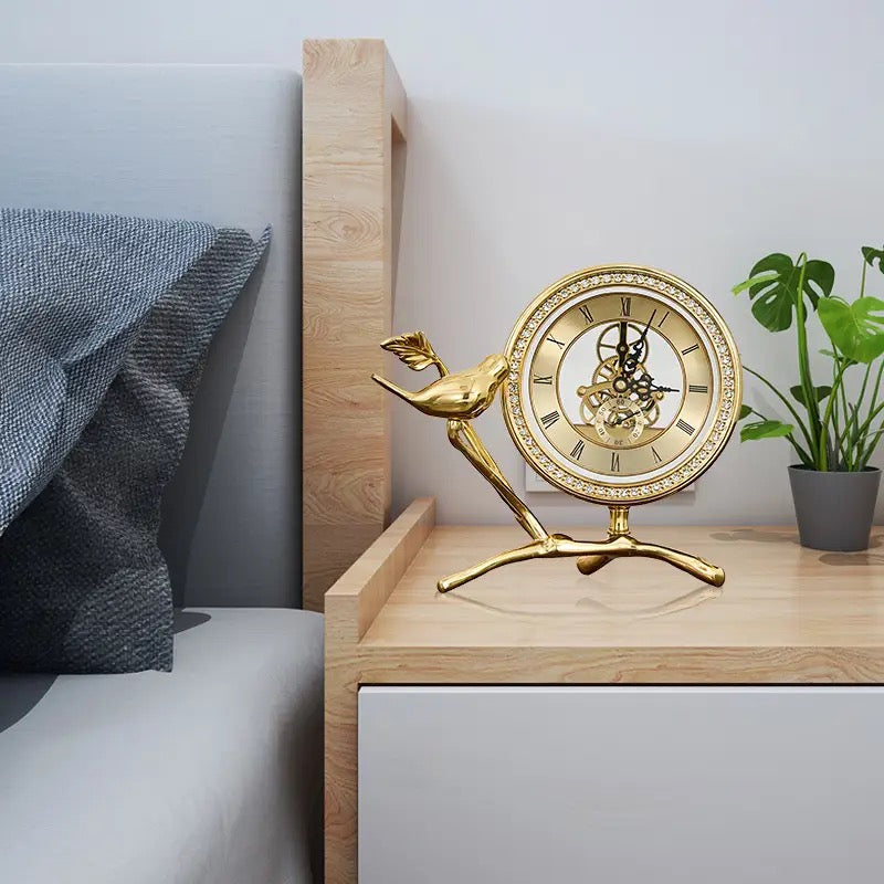 Bird Design Table Clock with Diamond Accents