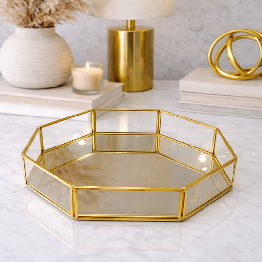 Hexagon Glass Tray with Gold Frame Set Of 3 Sizes