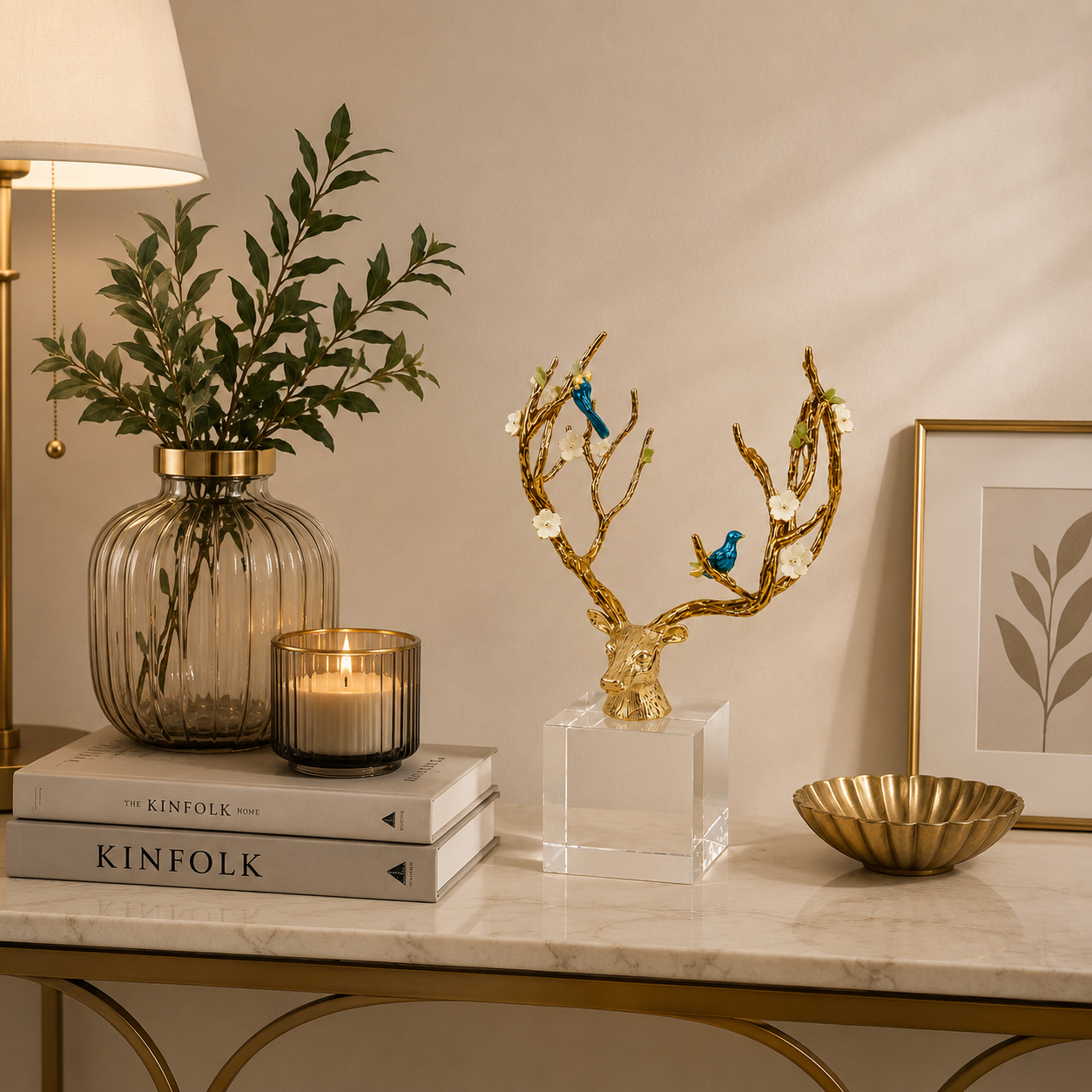 Luxury Deer Sculpture with Birds & Floral Details