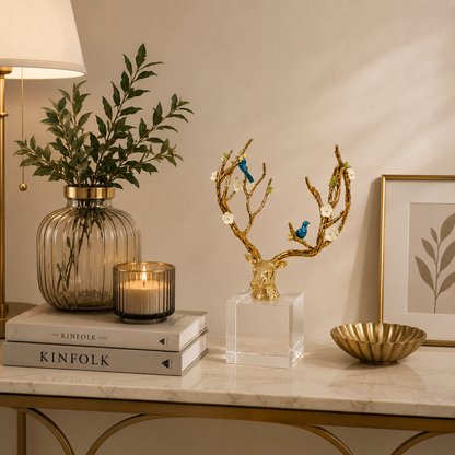 Luxury Deer Sculpture with Birds & Floral Details