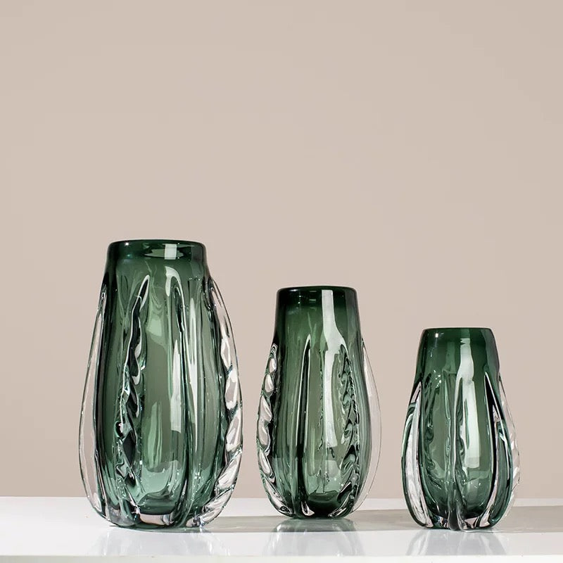 Set of 3 Emerald Glass Vases