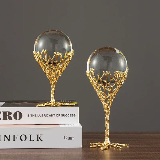 Set of 2 Crystal Ball Ornament Home Decor Gold