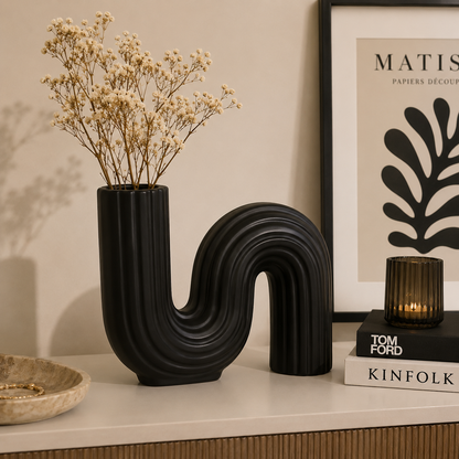 Modern Curved Black Ceramic Vase PACK OF 2