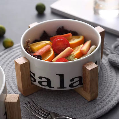 Porcelain Salad Pot With Wooden Stand