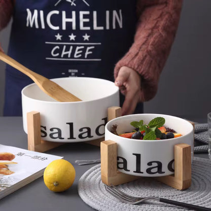 Porcelain Salad Pot With Wooden Stand