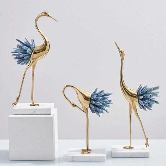Set of 3 Brass Swan With Quartz & Marble Stones