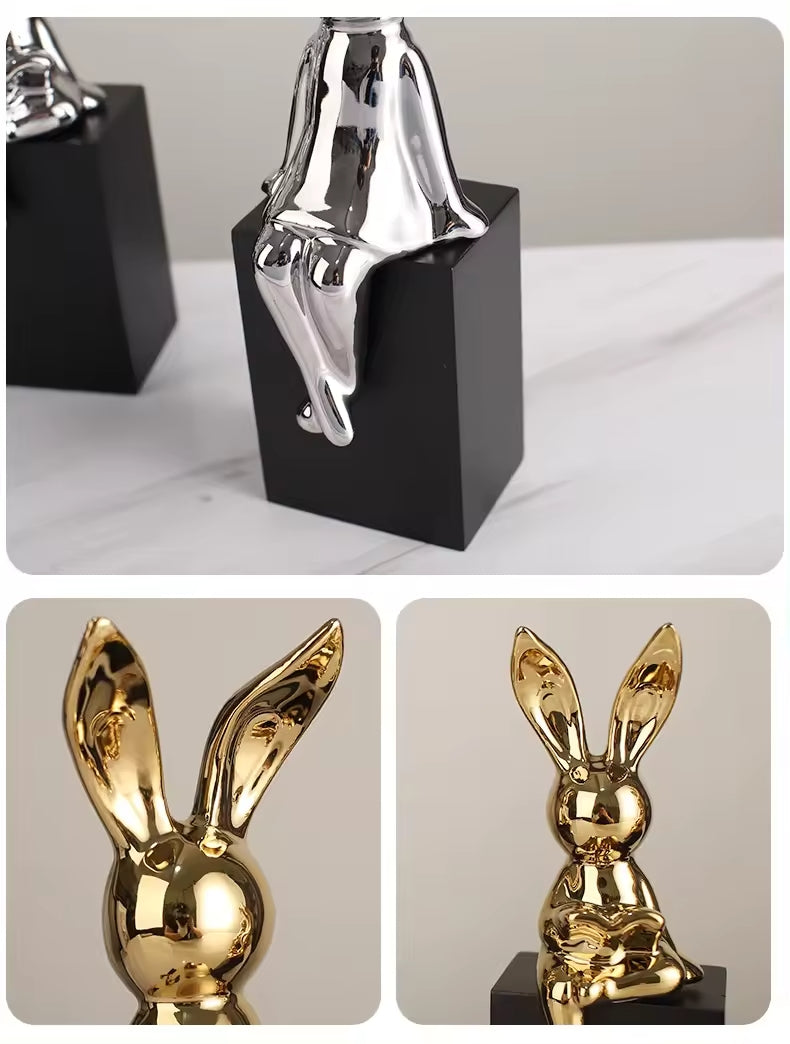 Luxury Sitting Long Ears Rabbit Ornaments Ceramic Electroplating