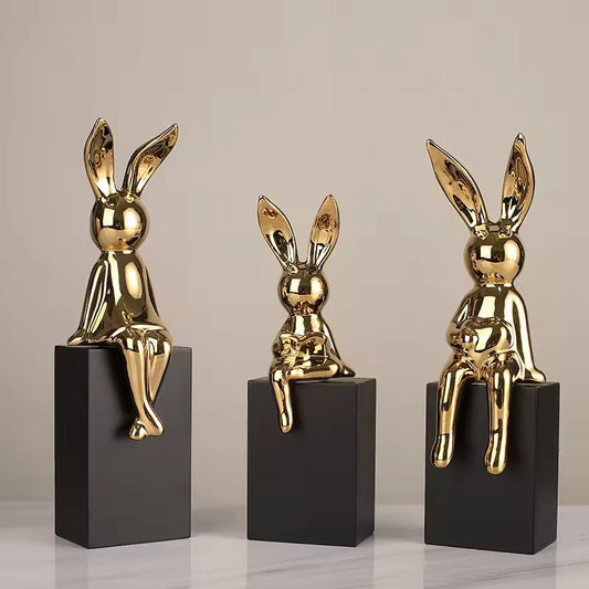 Luxury Sitting Long Ears Rabbit Ornaments Ceramic Electroplating