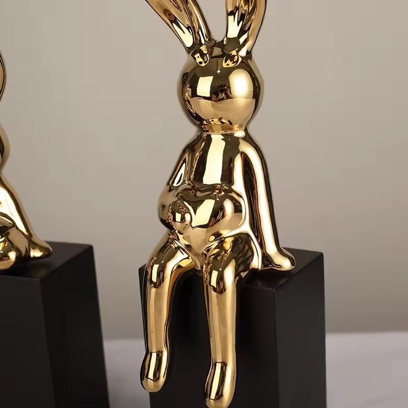 Luxury Sitting Long Ears Rabbit Ornaments Ceramic Electroplating