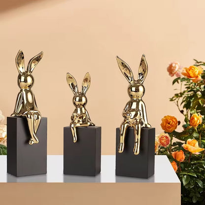 Luxury Sitting Long Ears Rabbit Ornaments Ceramic Electroplating