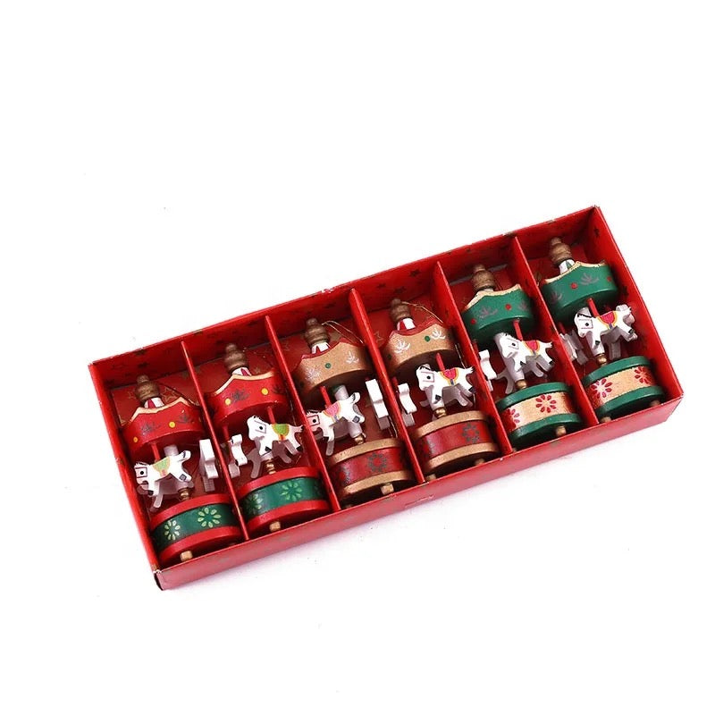 Tiny Wooden Carousel For Christmas Tree Set