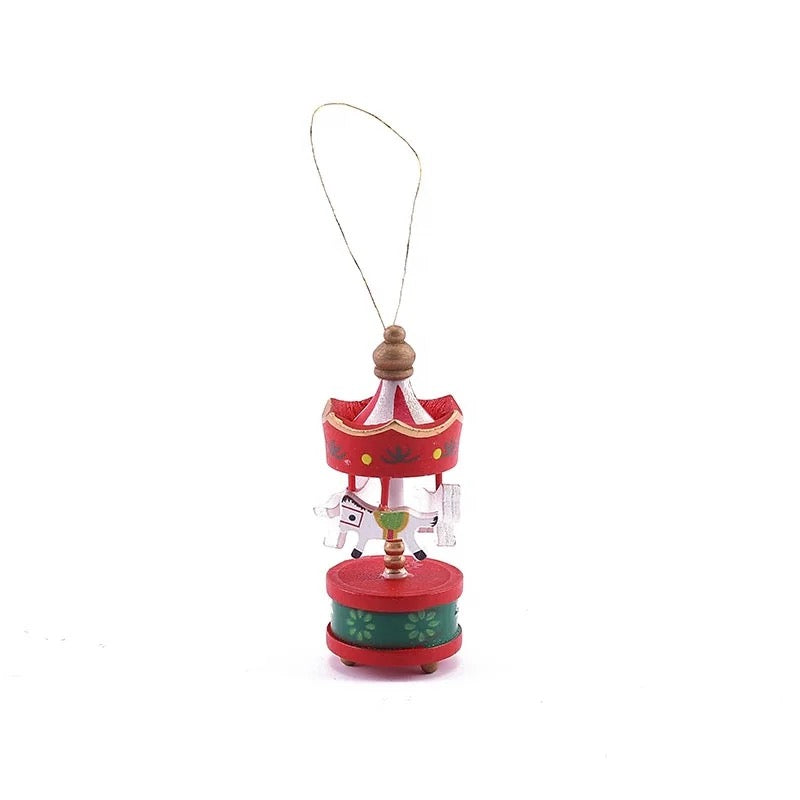 Tiny Wooden Carousel For Christmas Tree Set