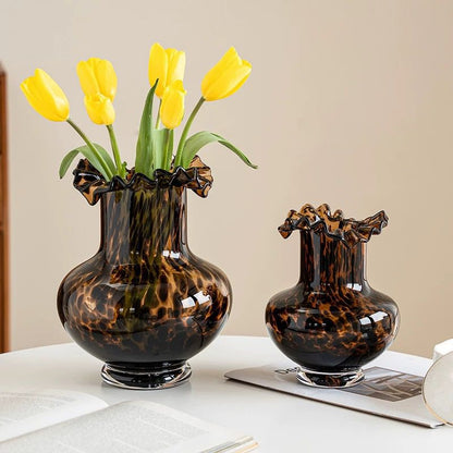 Tortoiseshell Ruffle Glass Vases – Vintage Elegance Set (set of 2)