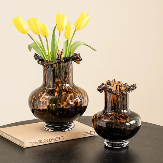 Tortoiseshell Ruffle Glass Vases – Vintage Elegance Set (set of 2)
