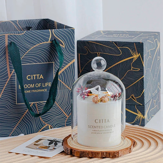 Scented Candle With Glass Cover & Wooden Coaster