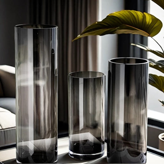 Set Of 3 Cylinder Black Vases