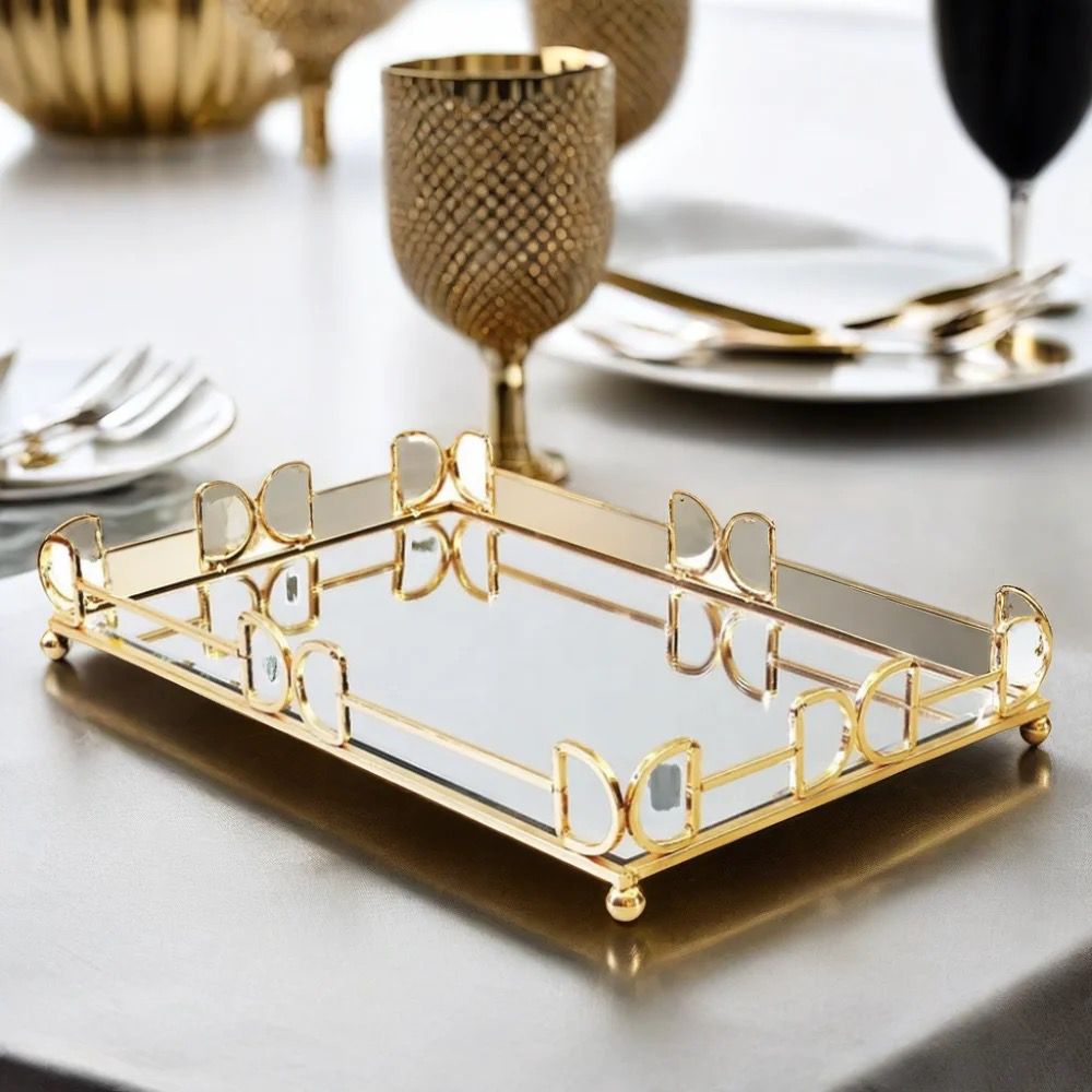 Elegant Rectangular Metal Tray with Mirror Base