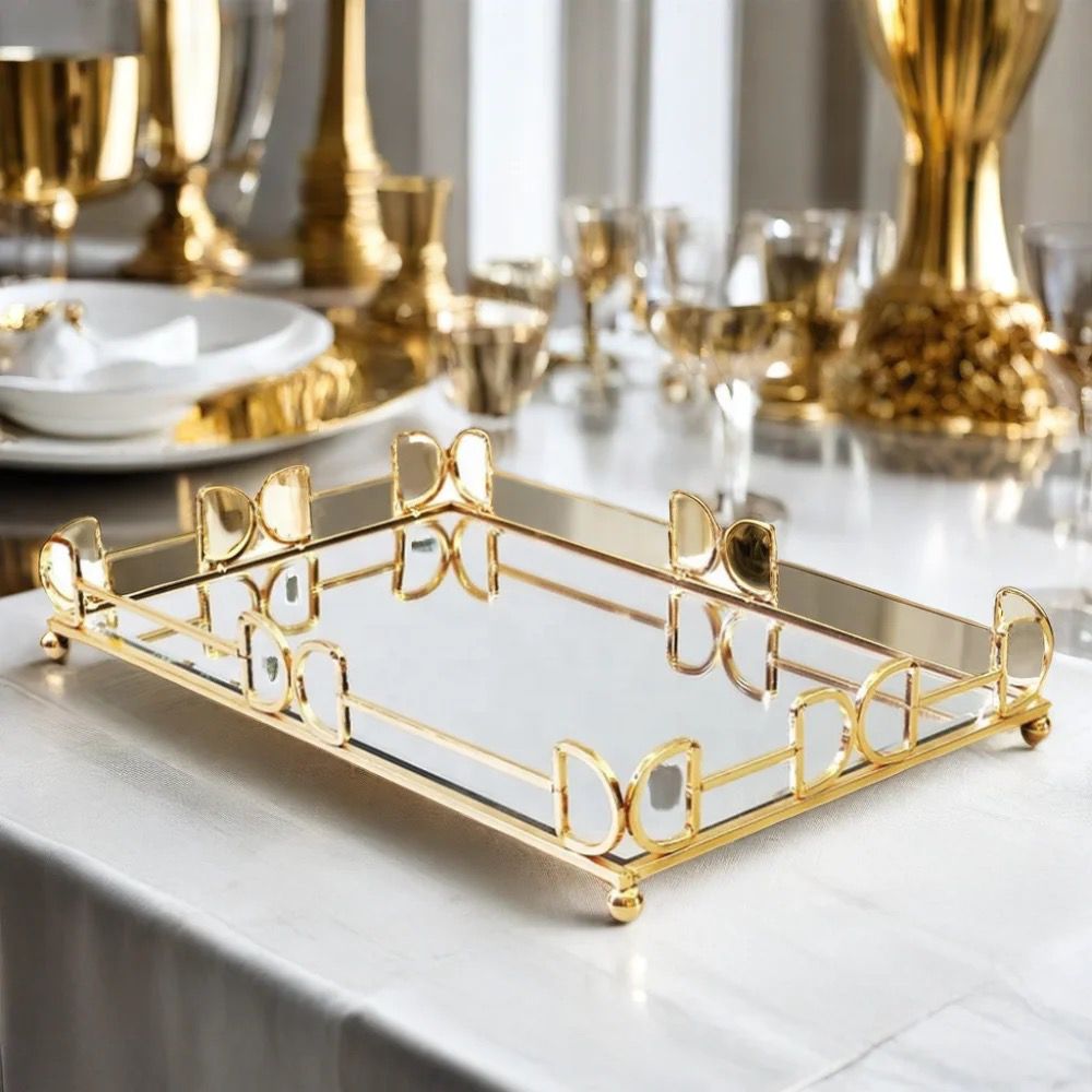 Elegant Rectangular Metal Tray with Mirror Base