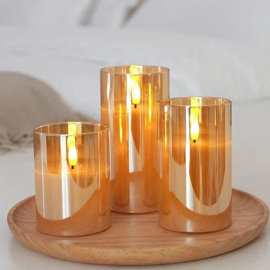 Set Of 3 Waxed Candles With Batteries