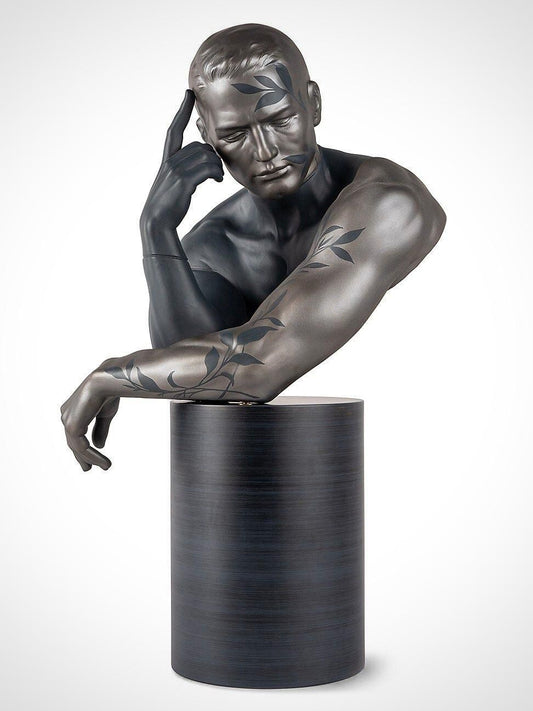 Modern Artistic Male Bust Sculpture – Matte Black with Leaf Motif