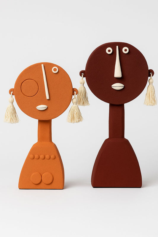 Terracotta Abstract Face Sculpture with Tassel Earrings