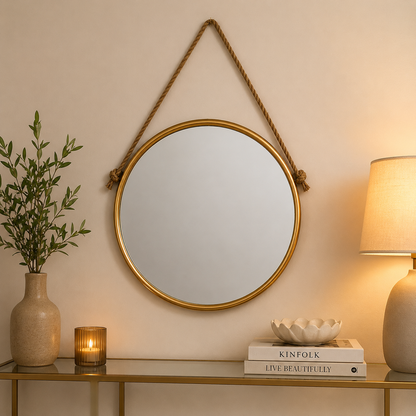 Round Gold Rope Hanging Mirror