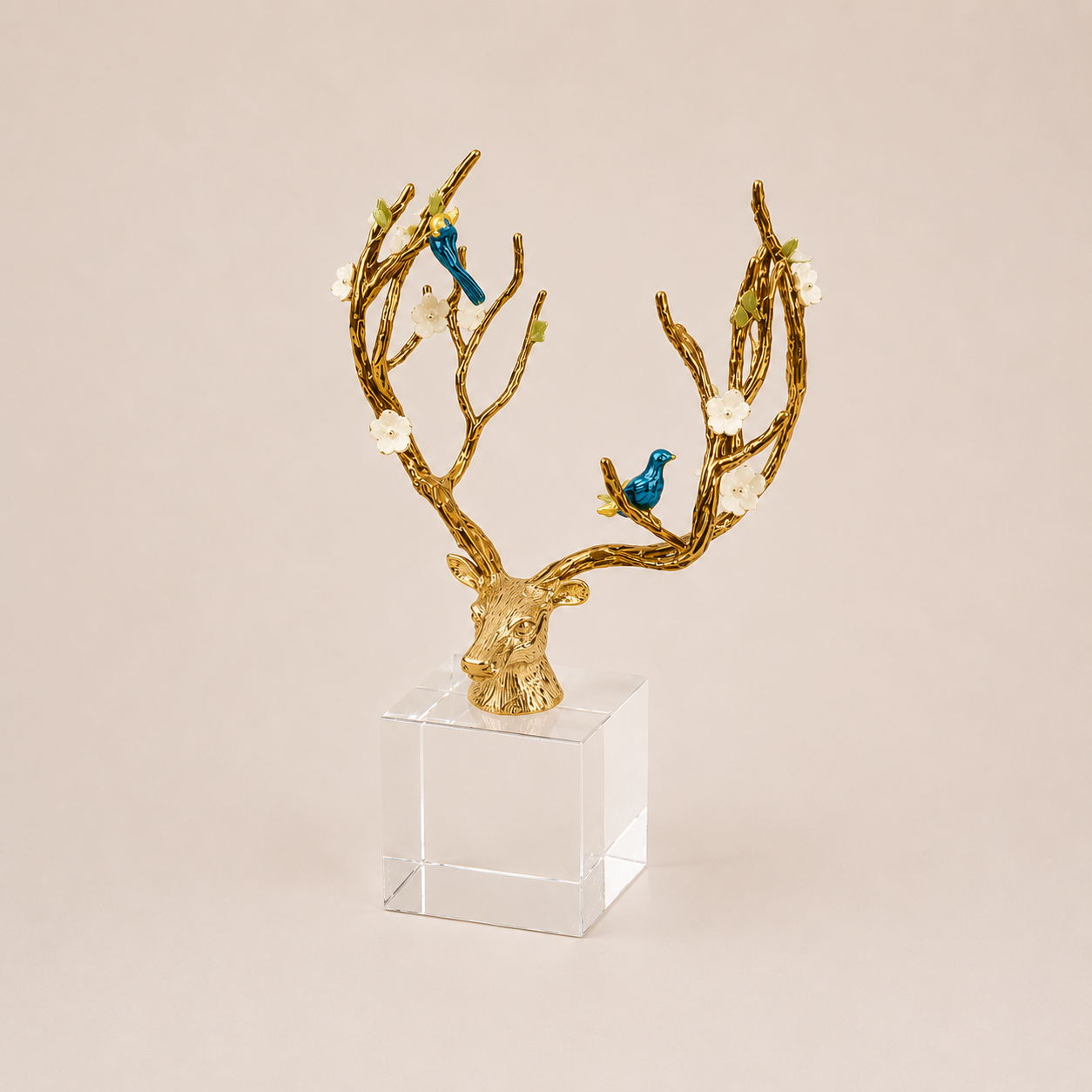 Luxury Deer Sculpture with Birds & Floral Details