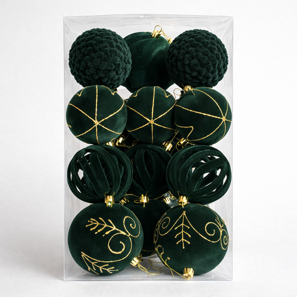 Velvet Christmas Balls Set – Elegant Dark Green 16Bals