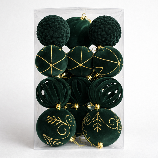 Velvet Christmas Balls Set – Elegant Dark Green 16Bals